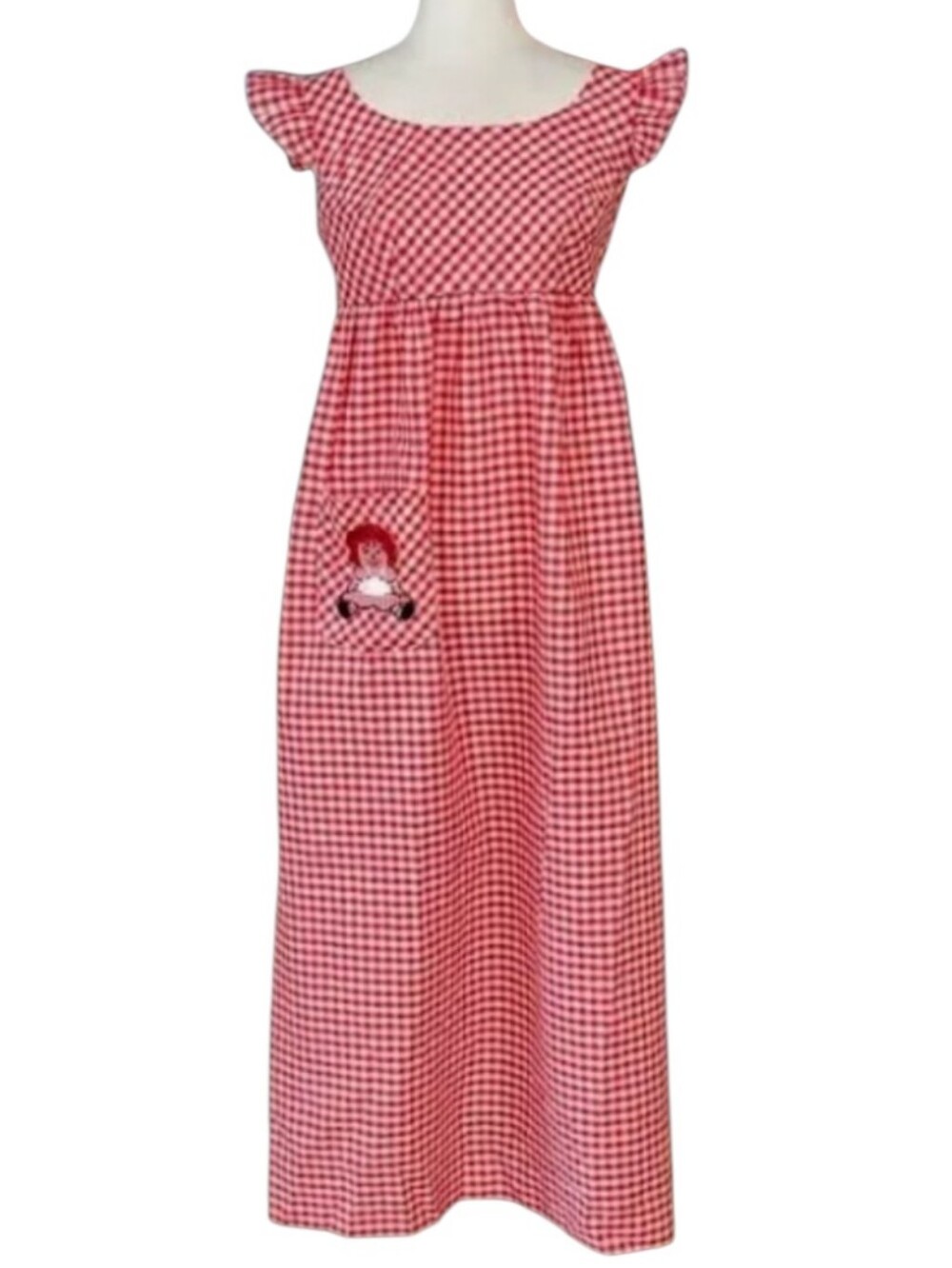 VTG Lady Lewis Raggedy Ann Dress Red White Gingham Flutter Sleeve Embroid Pocket